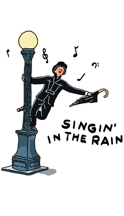 手绘插画好莱坞黑色雨中曲路灯下雨