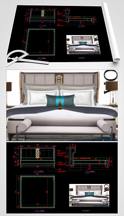新中式家具软包床CAD家具图纸