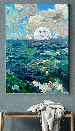 月亮明月装饰画|治愈系风景清新光影大海月亮油画夜空客厅装