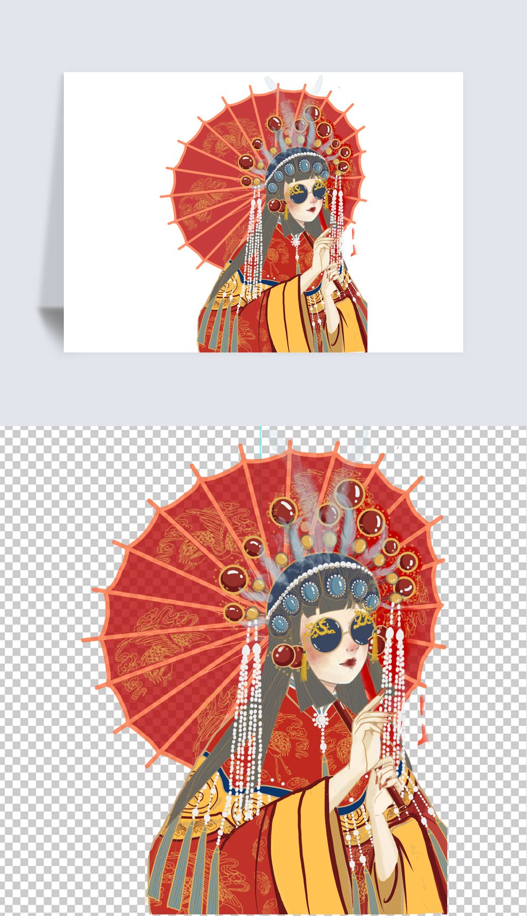 手绘中国京戏国粹卡通国潮凤冠戏服背伞花旦美女