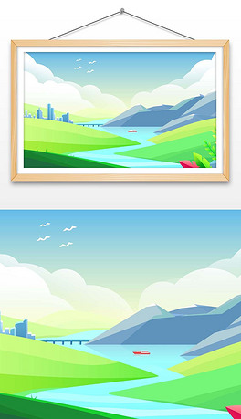 卡通矢量插画城市江河流水山脉天空白云远景