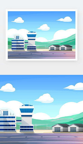 卡通插画机场航站楼机库跑道白云天空背景