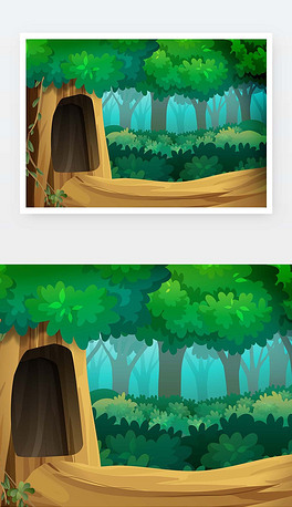 卡通插画森林树木树洞草丛树丛背景