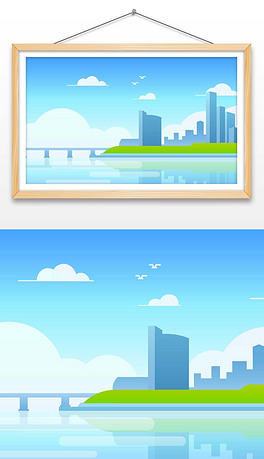 卡通矢量插画海滨城市海洋天空白云飞鸟远景