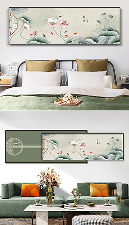 新中式荷花寓意沙发背景墙卧室国风组合装饰画