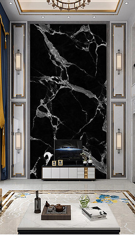 现代轻奢大气黑金花大理石复式楼玄关背景墙