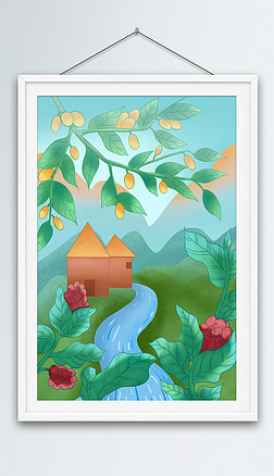 插画卡通插画|手绘秋咖啡原野绿植儿童卡通插画