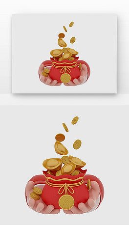 c4d红色金色金币废弃双手捧着钱袋子金
