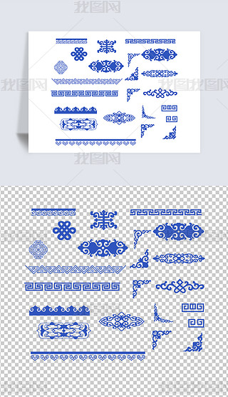 矢量青色蒙古长条花纹图案古典花边