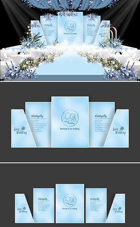 冰蓝色婚礼效果图设计简约婚庆舞台背景布置
