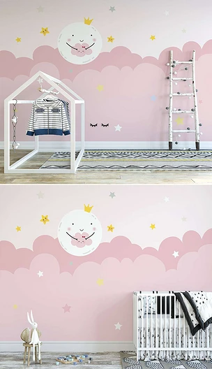 北欧ins手绘粉色星空月亮简约室内儿童背景墙