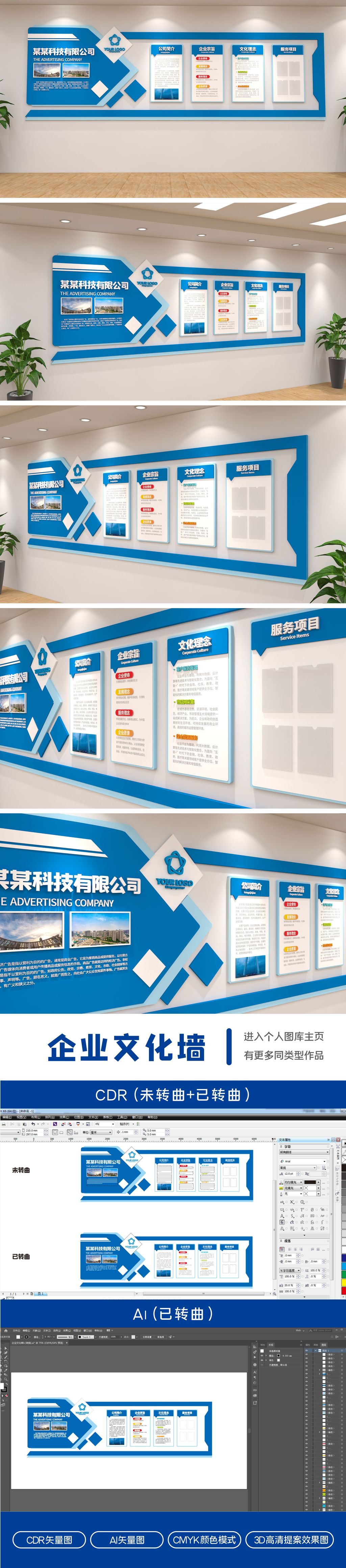 简约蓝色企业文化墙公司办公室公司简介文化
