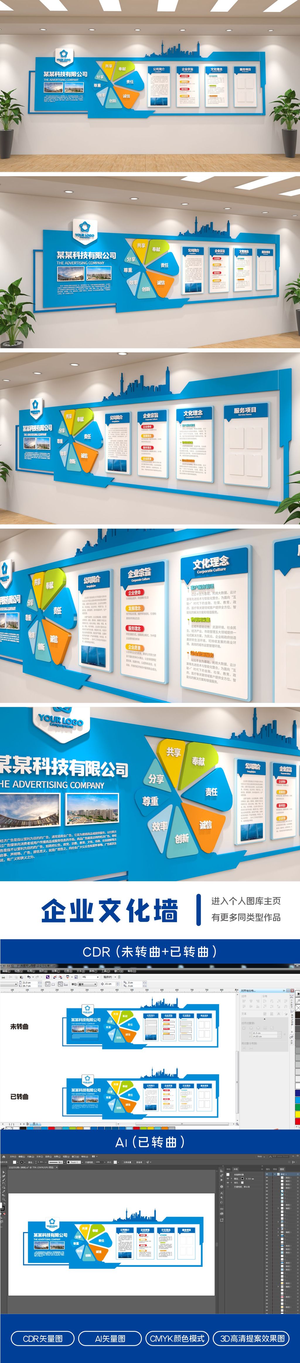 简约蓝色企业文化墙公司办公室公司简介文化
