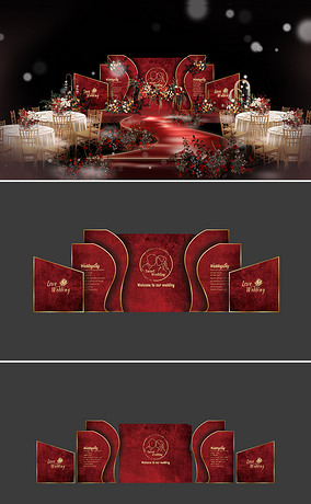 红色欧式复古婚礼效果图设计婚庆舞台背景