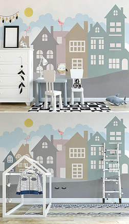 北欧ins手绘卡通可爱小房子儿童房室内背景墙