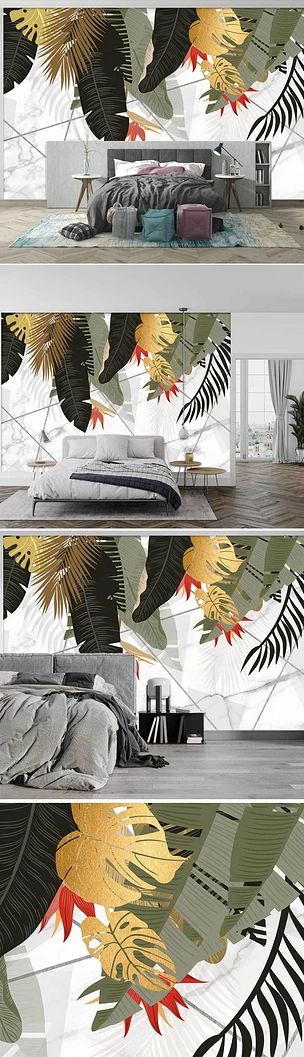 北欧手绘热带植物小清新电视沙发背景墙壁画