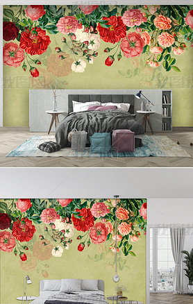 北欧手绘花朵手绘玫瑰美式田园风背景墙