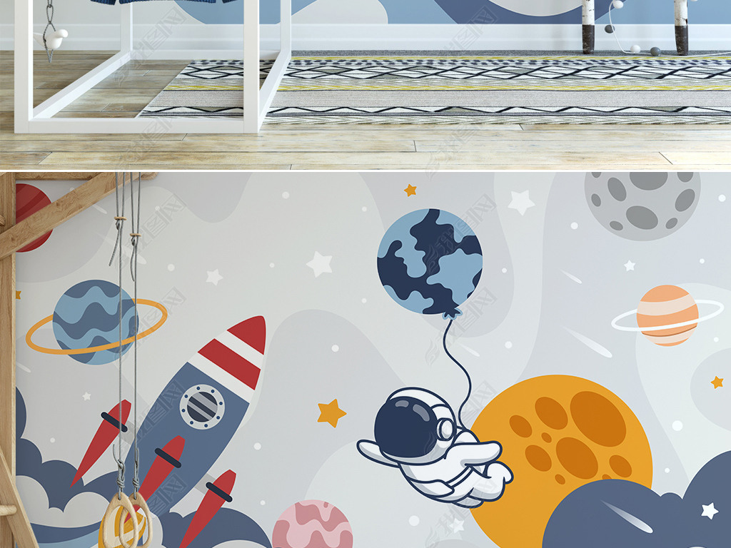 北欧ins卡通太空火箭星球宇航员儿童房背景墙