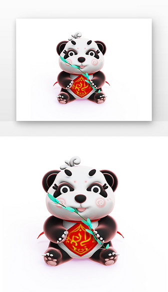 C4D中国风大熊猫正坐吃竹子