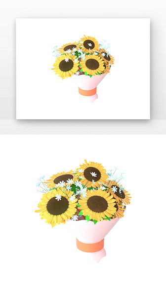 C4D黄色活泼夏日向日葵花束3D元素