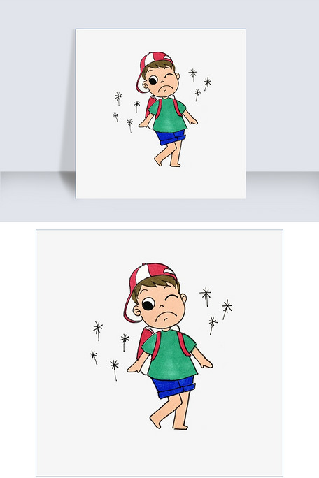 儿童节戴帽子的伤心小男孩卡通手绘png免抠图片素材(psb格式)免费下载