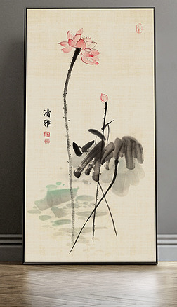 76新中式手绘国画禅意荷花水墨玄关装饰画