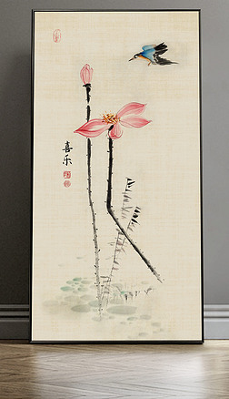 74新中式手绘国画禅意荷花水墨玄关装饰画