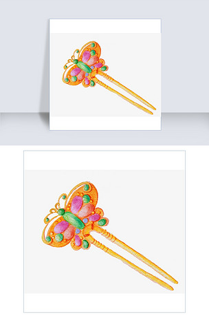 手绘古风金玉蝴蝶发簪插画