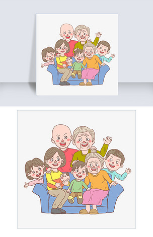 旅游一家八口照相留念手绘卡通