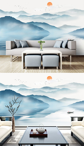 唯美新中式意境大气山水风景背景墙装饰画