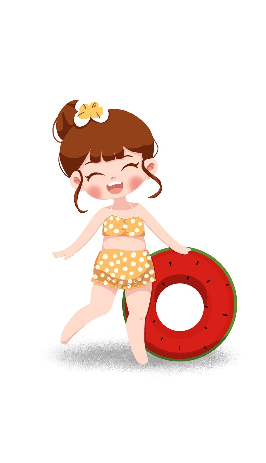 泳装女孩泳圈西瓜波点海边沙滩夏日清凉丸头