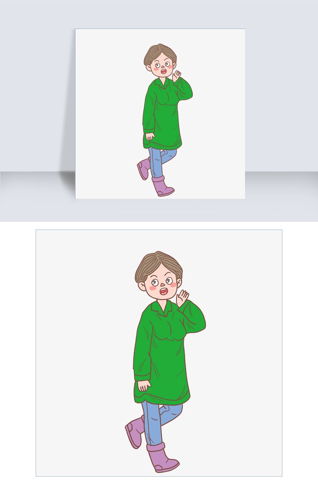 冬季冬日绿衣少女卡通手绘