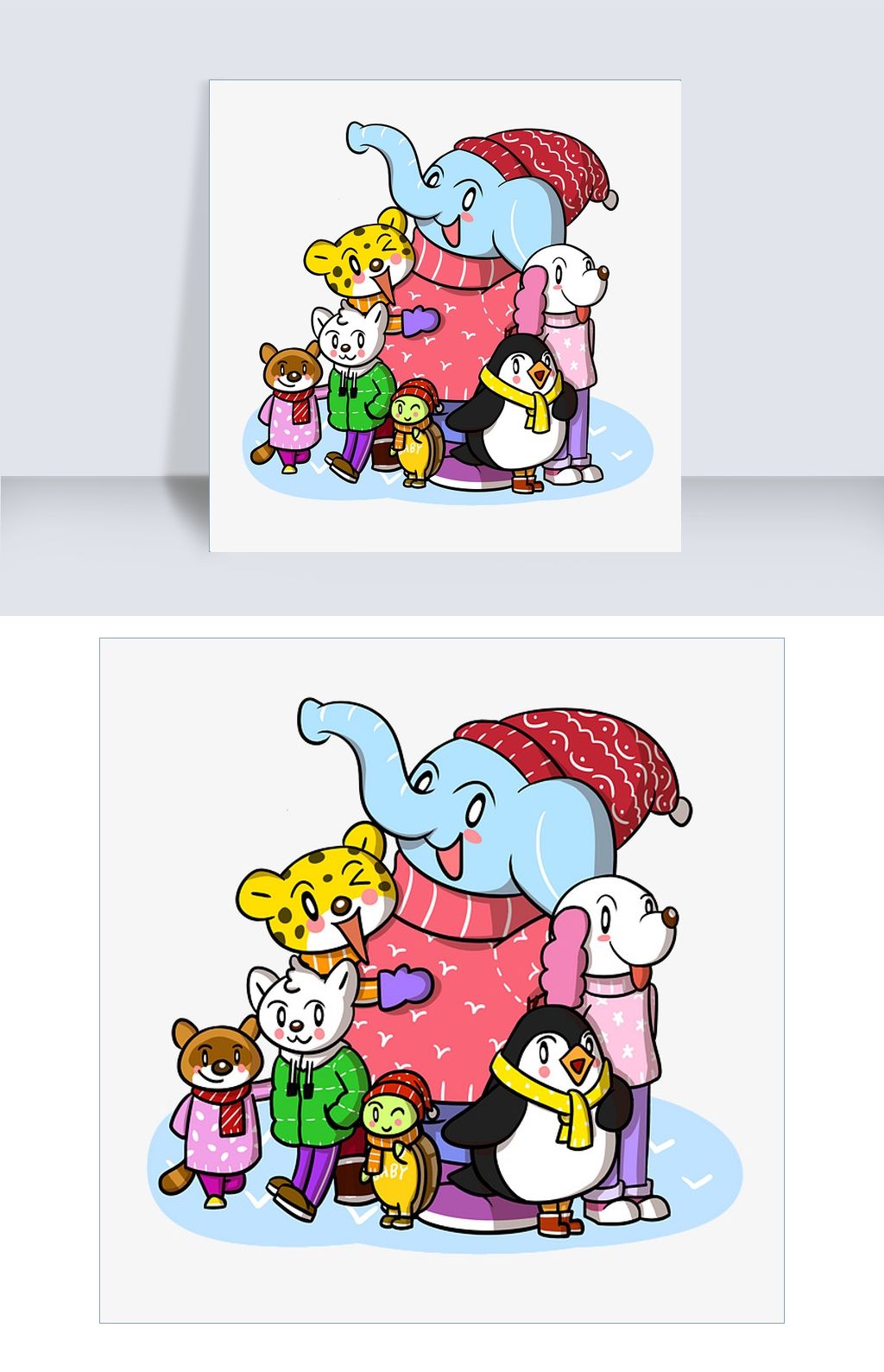 卡通冬季动物合照png透明底