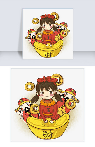 过大年卡通小女孩接财神插画
