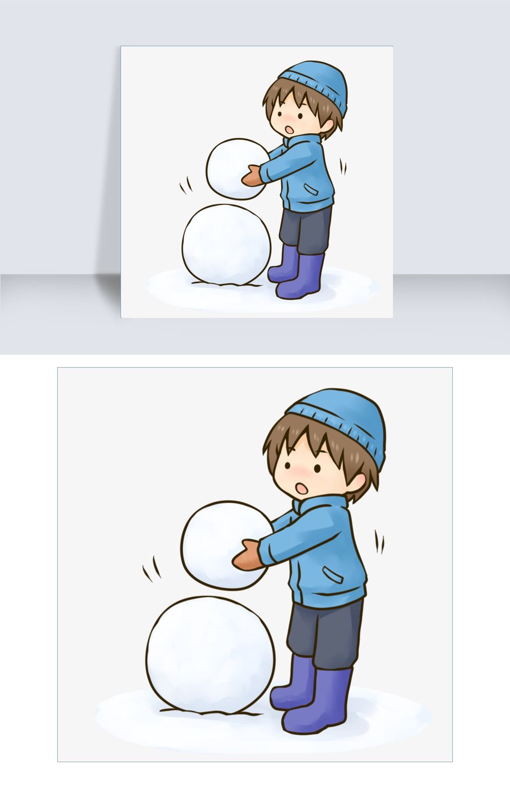 冬季冬天卡通手绘堆雪人的男孩