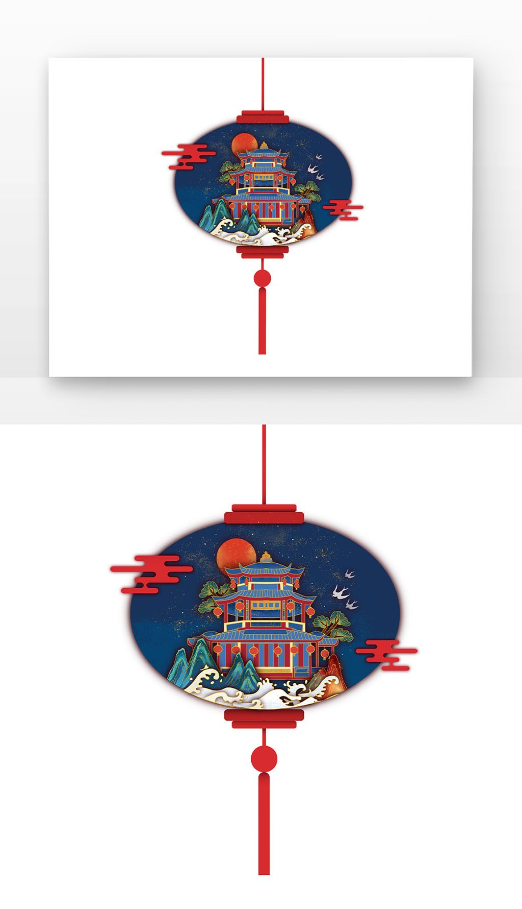 紅藍色國潮進賢門剪紙燈籠