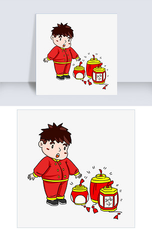 元宵节小男孩和灯笼手绘插画