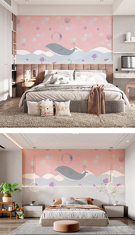 卡通鲸鱼气泡背景墙儿童房卧室床头定制壁画