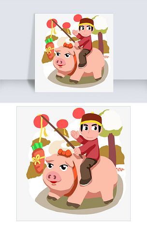 手绘卡通骑猪的人物png素材