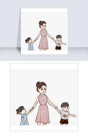母亲牵着两个孩子手可爱插画