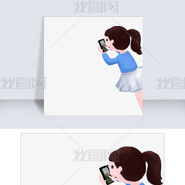 拿手机拍照的女孩手绘插画psd
