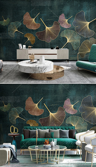 北欧简约轻奢银杏叶浮雕雕刻电视背景墙壁画