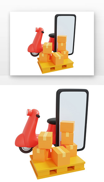 黄色摩托车手机和快递箱3D快递运输元素