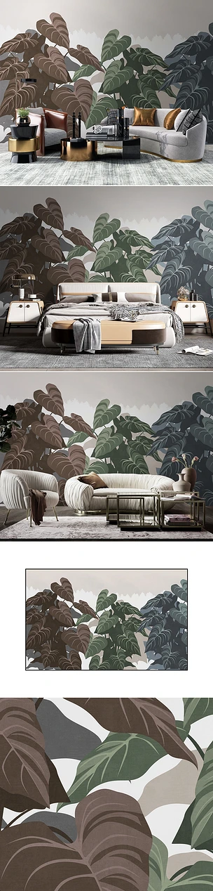 北欧热带植物叶子复古电视沙发背景墙壁画