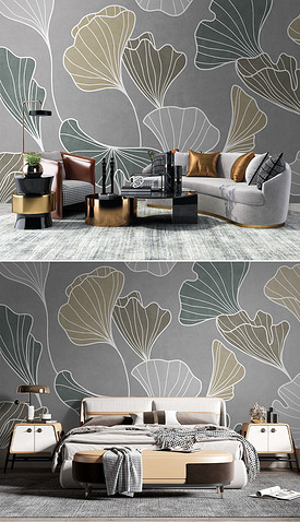 北欧复古植物叶子银杏叶灰色电视沙发背景墙壁画