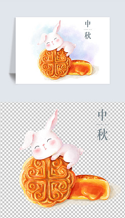 中秋节手绘抱月饼的兔子