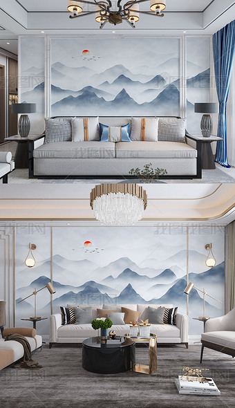 中国风水墨山水画电视背景墙