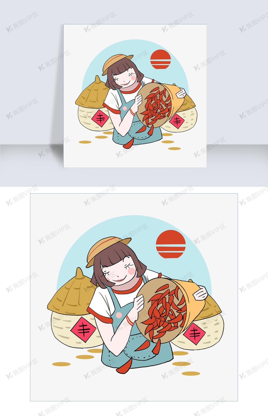 手绘抱着辣椒的女孩插画