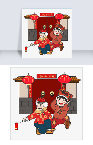 新年放爆竹手绘插画