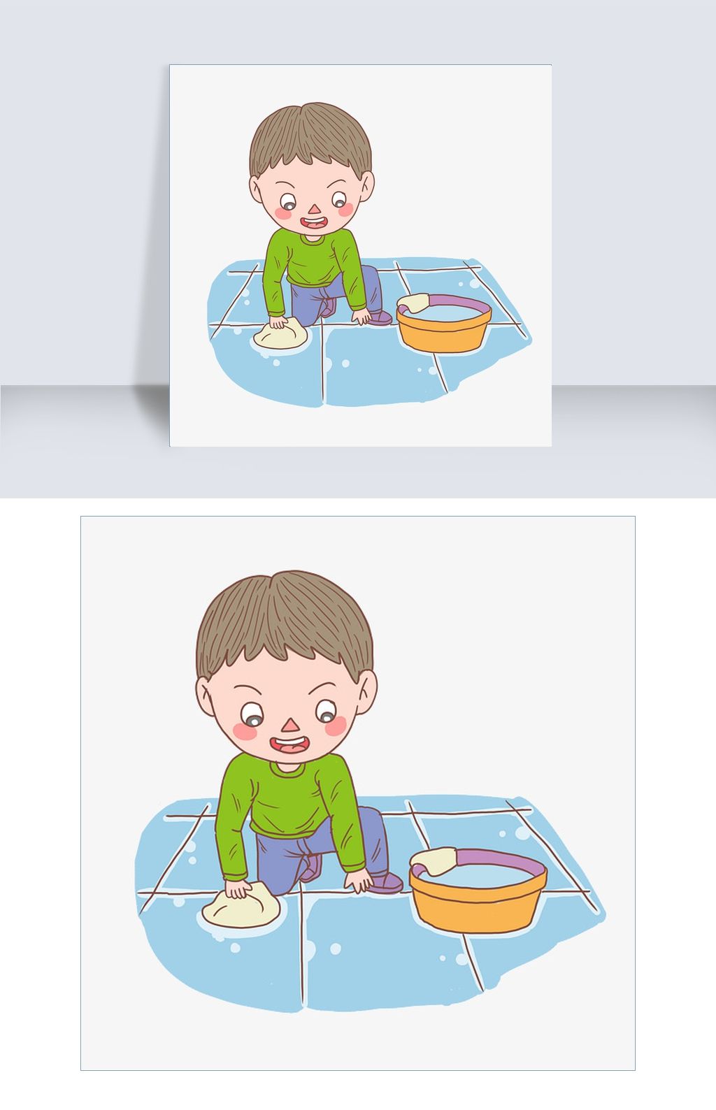 卡通手绘人物擦地砖男孩